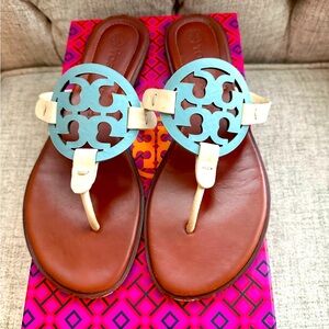 Tory Burch Miller sandals in blue/white cream 9.5